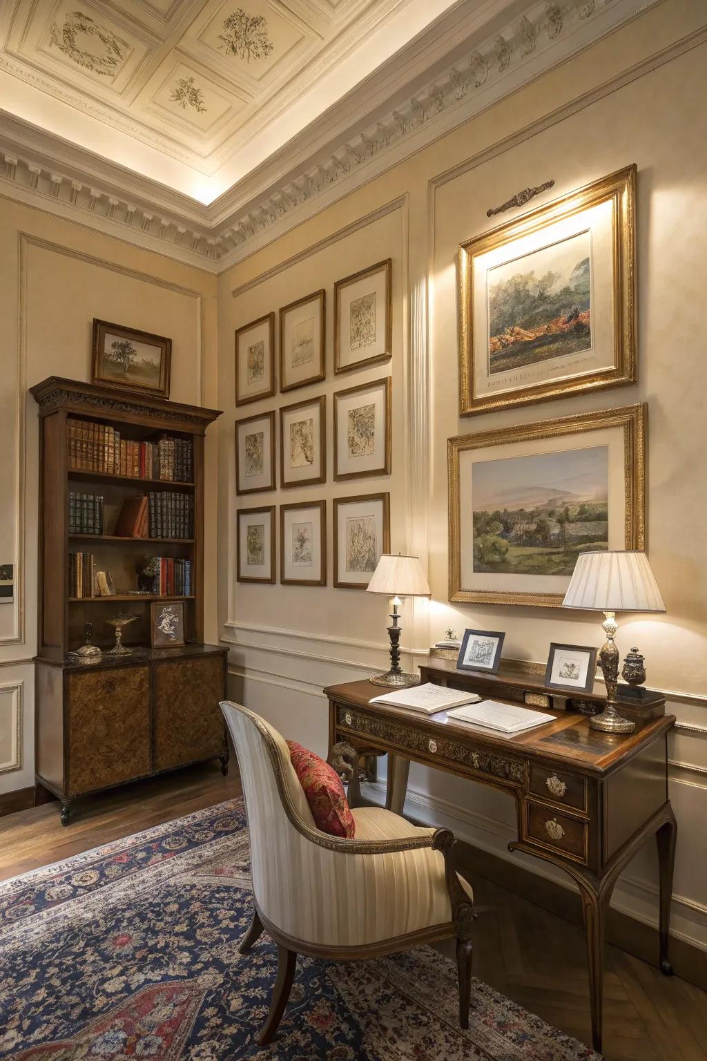 Study room with picture frame molding highlighting elegant artwork.