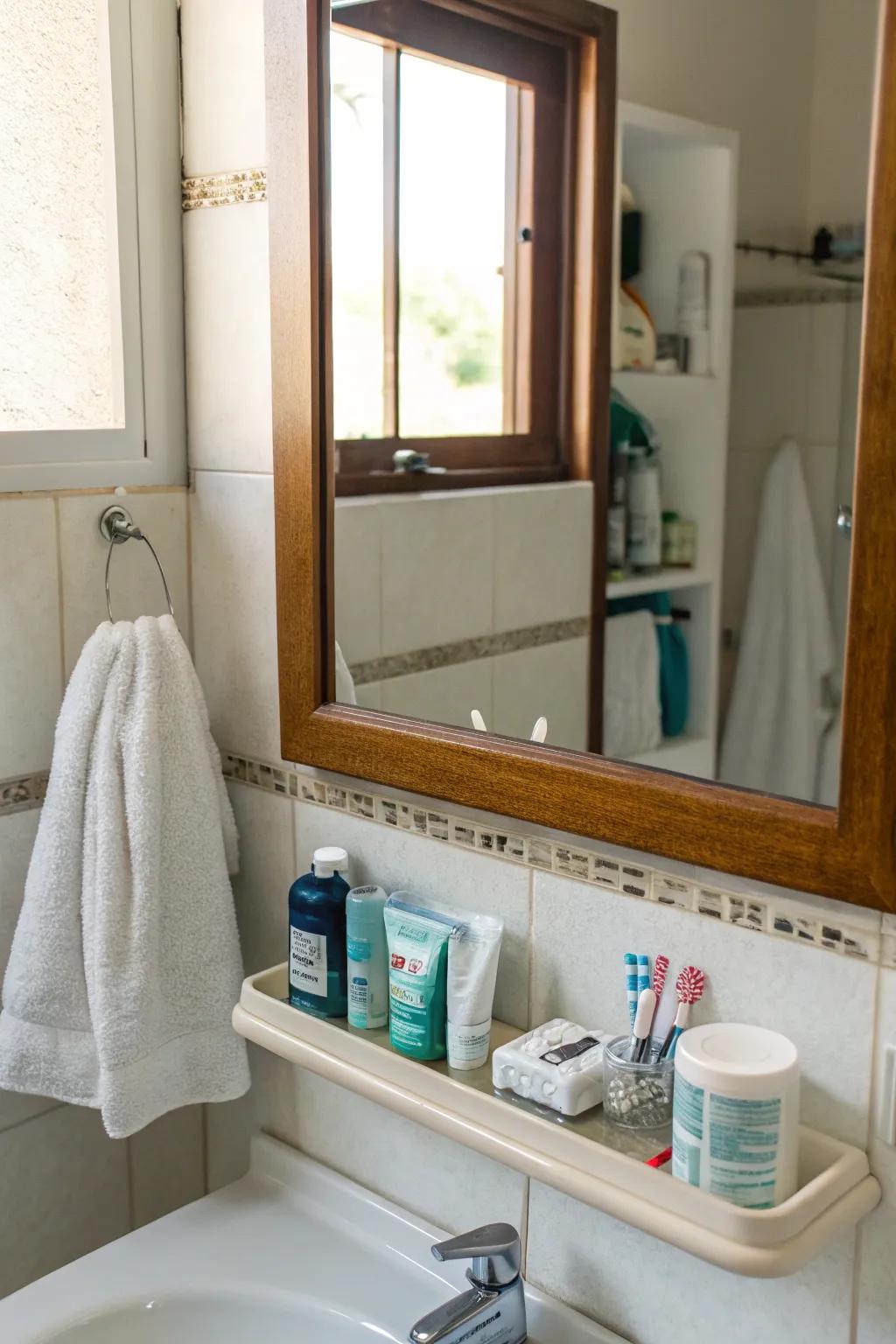 Mirrors with shelves combine function and style.