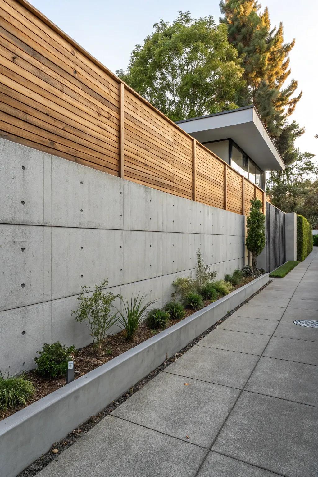 Horizontal wood topper for a modern contrast on a concrete wall.