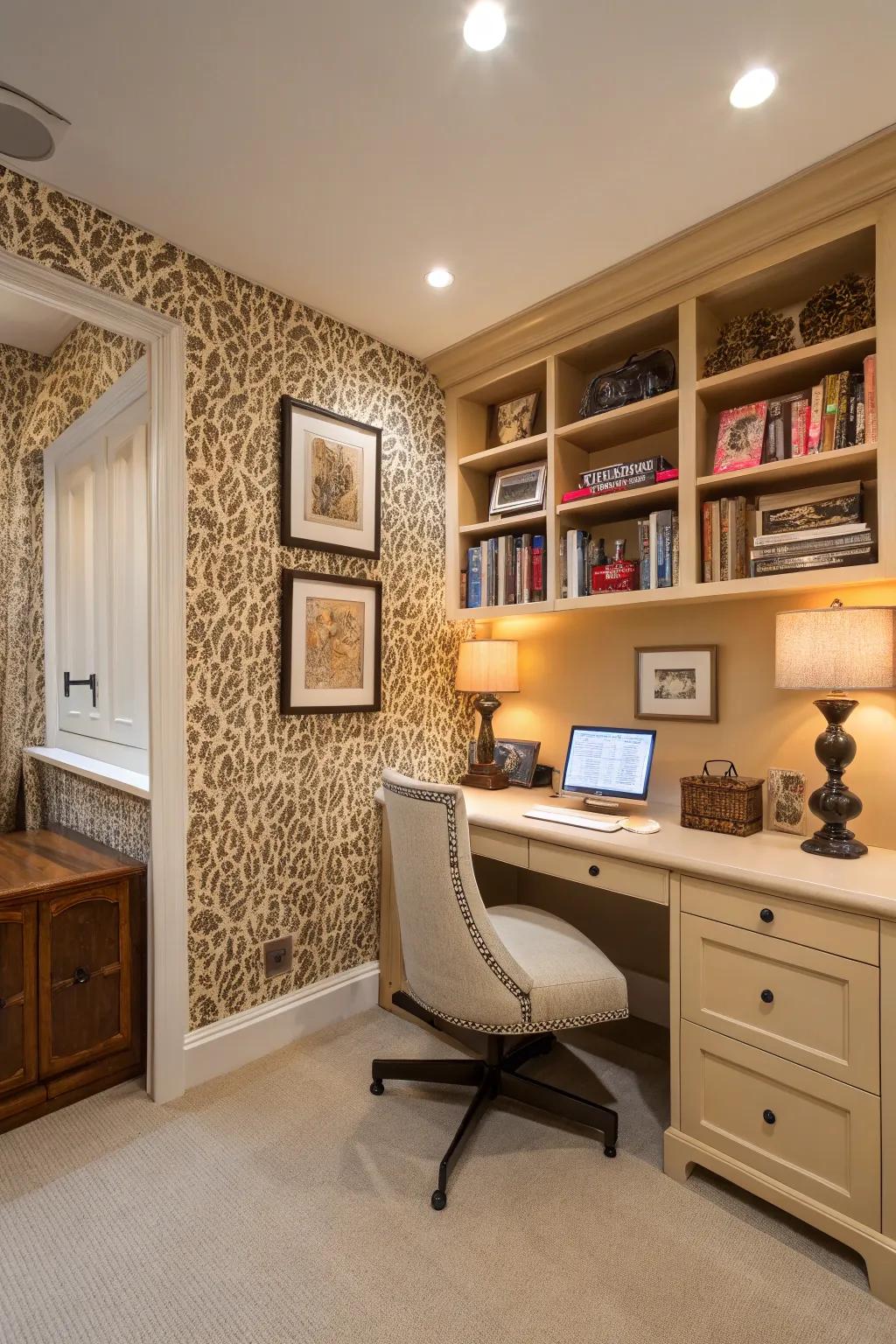 An edgy home office with animal print wallpaper.