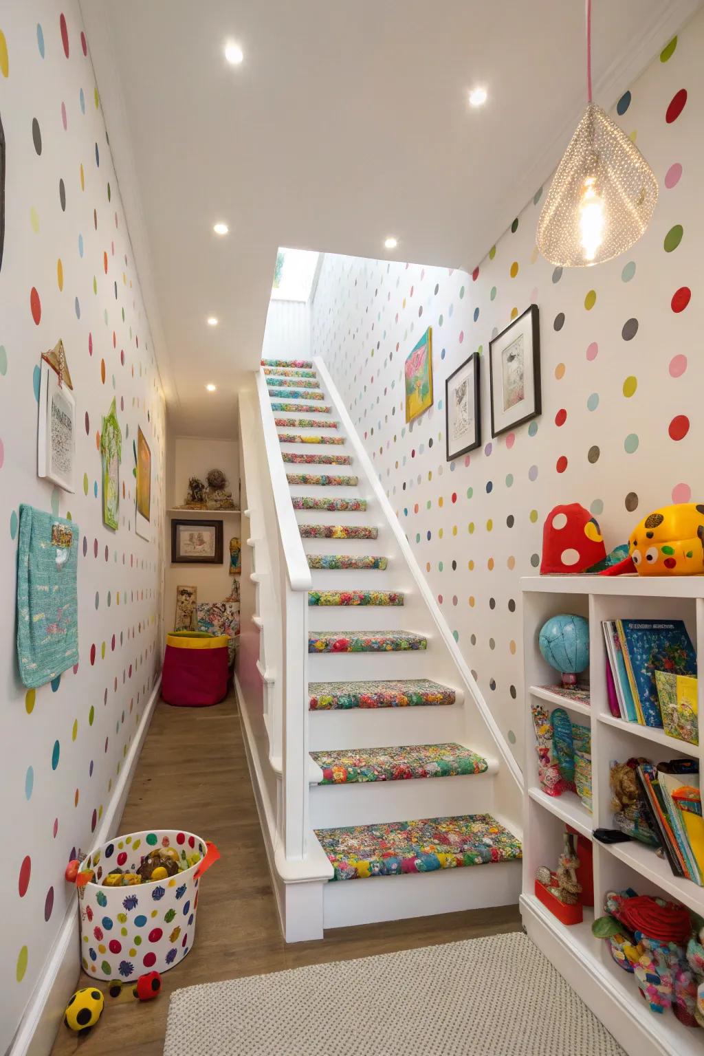 Polka dots bring a whimsical touch to staircases.