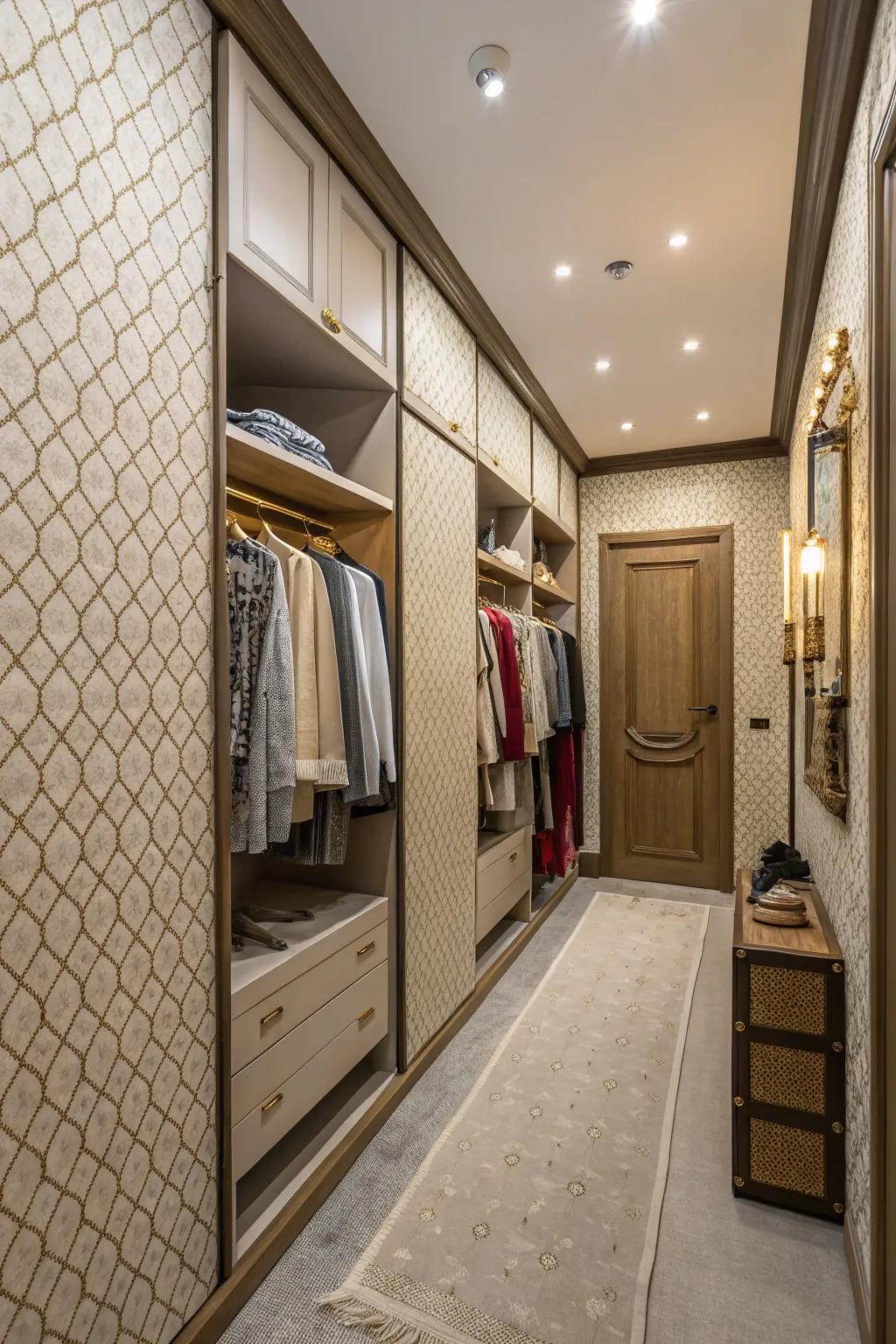 Textured elements enhance the warmth and depth of the wardrobe room.