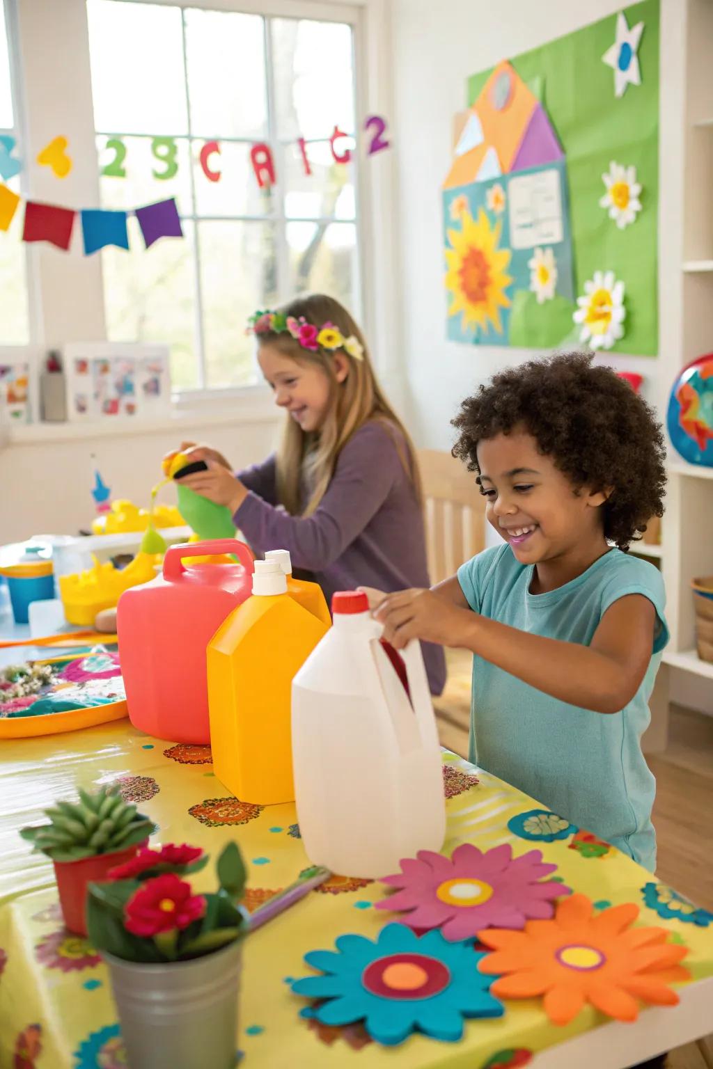 Eco-friendly crafts for kids using water jugs.