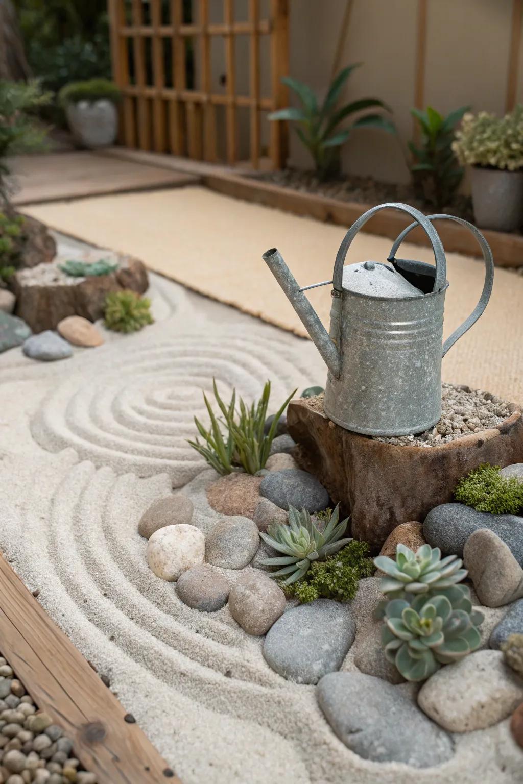 Serenity in the garden: a zen feature with a watering can.