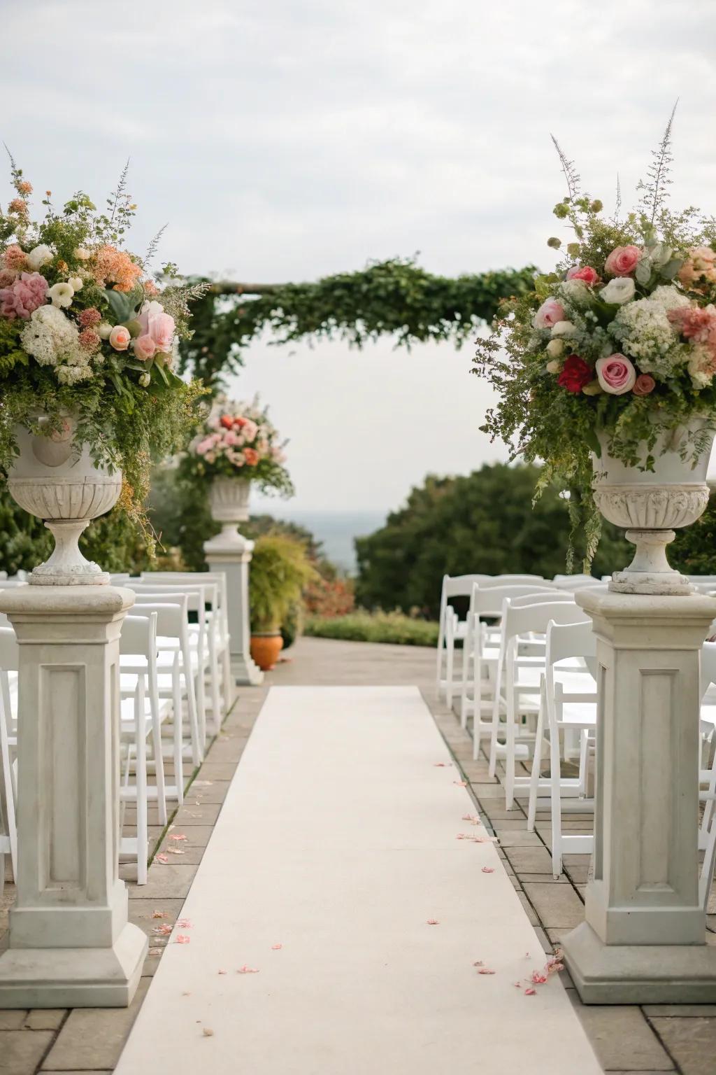 Elegant floral urns line a wedding aisle.