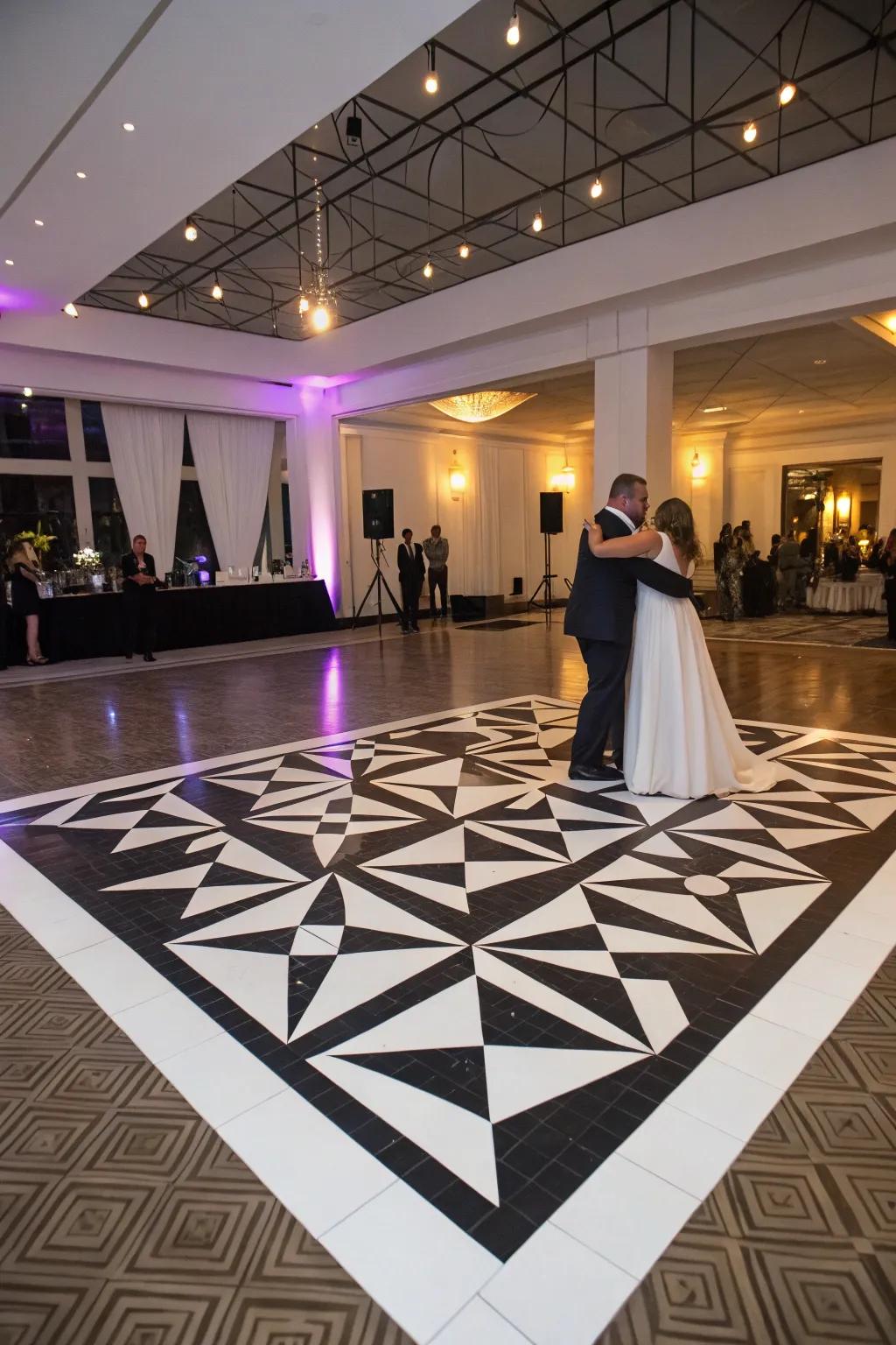 Add a modern touch with geometric patterns on your dance floor.