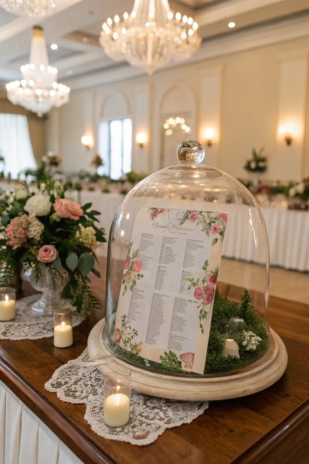 Glass cloches elegantly displaying seating cards, adding a touch of sophistication to a classic wedding.