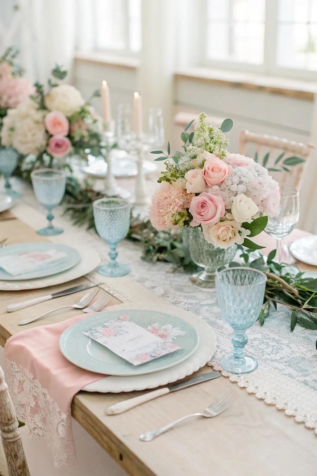 A romantic pastel wedding table setting exuding dreamy elegance.