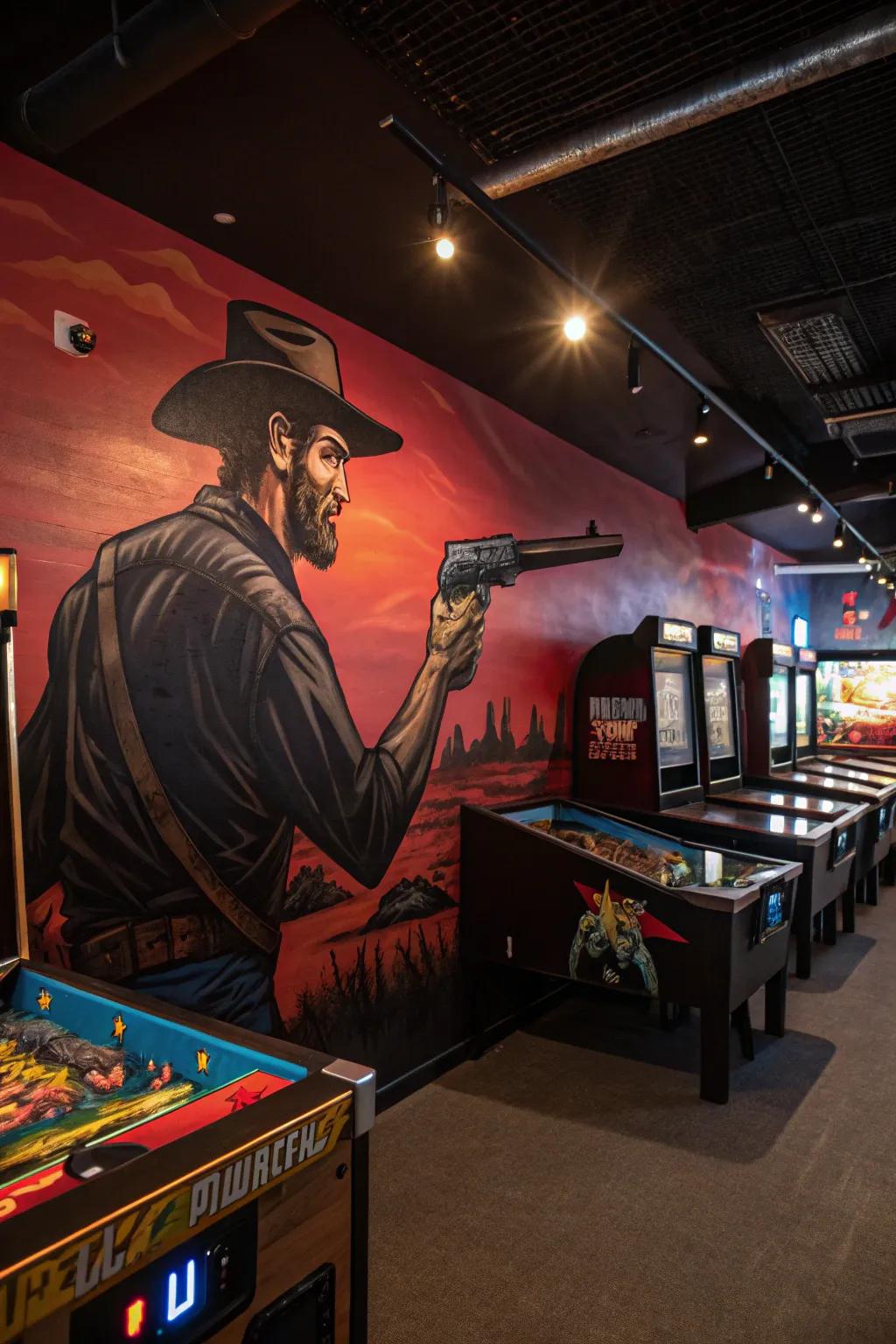 A painting of a western showdown adds drama and excitement to this game room.