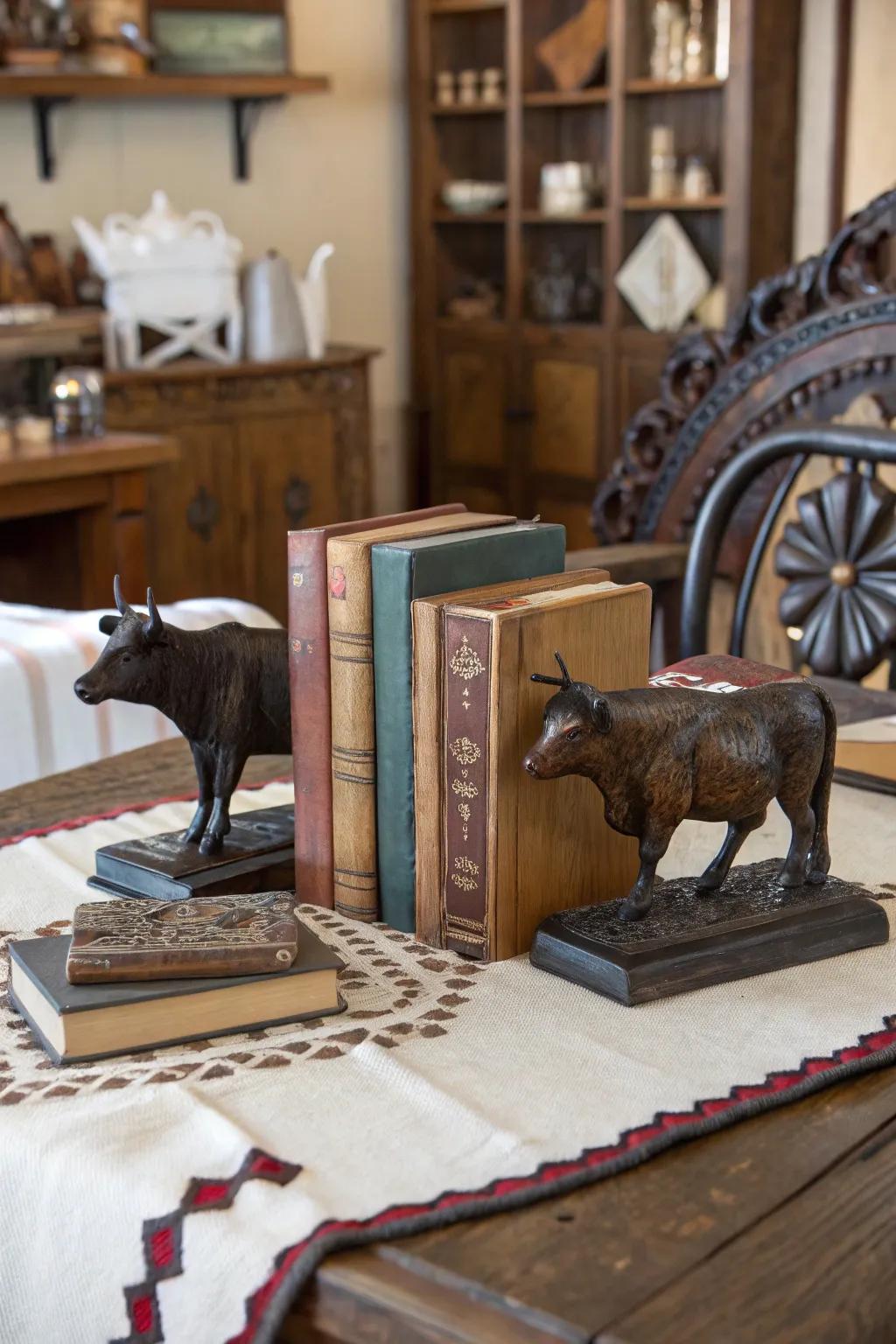 Cow figurine bookends adding whimsical charm to the table.