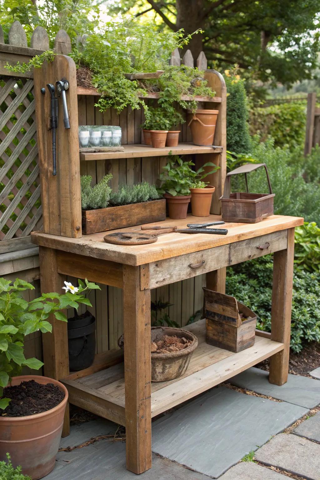 Transform your garden space with a DIY potting bench made from scrap wood—rustic charm meets practical function.
