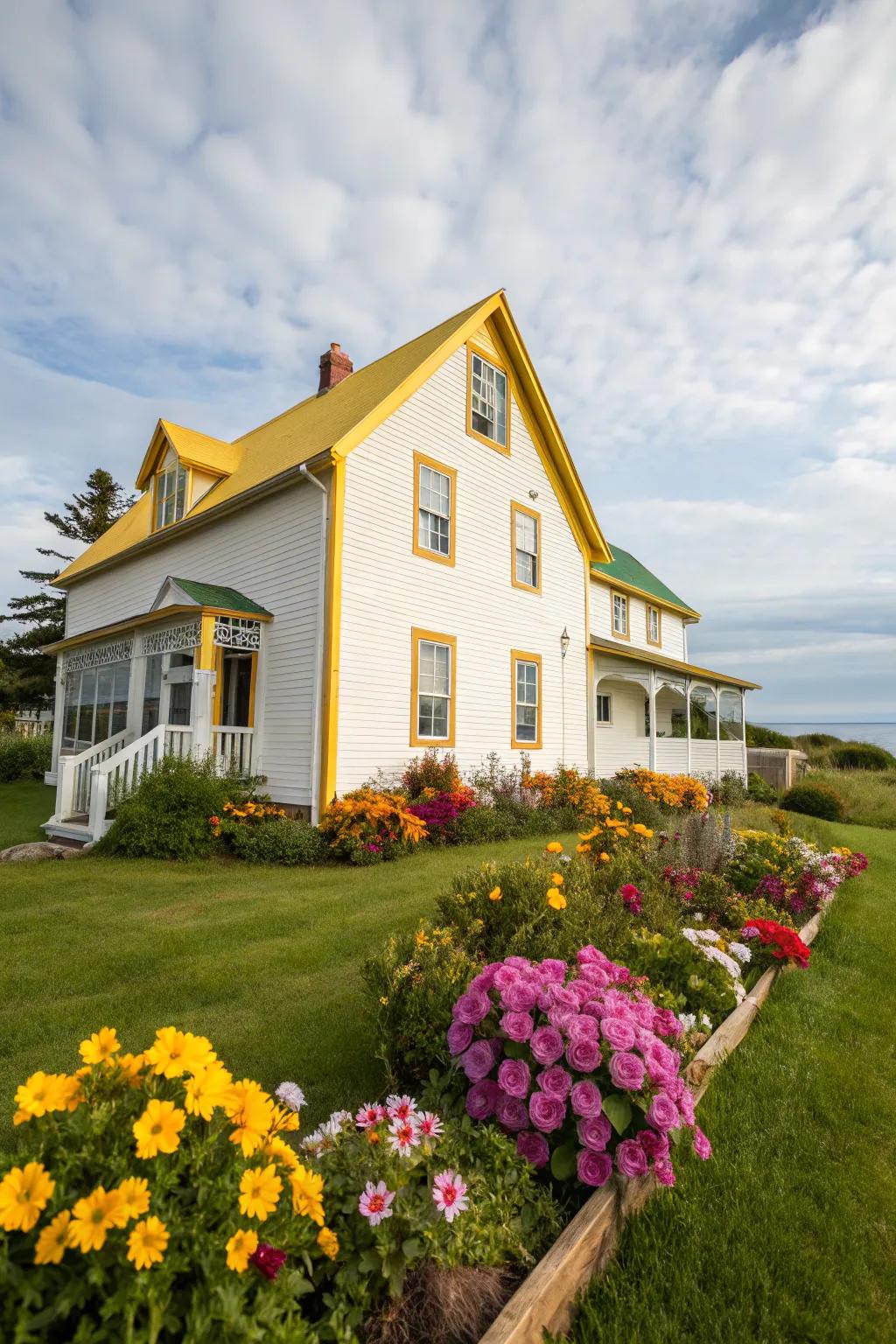 Yellow trim brings a joyful, sunny atmosphere to this inviting white home.