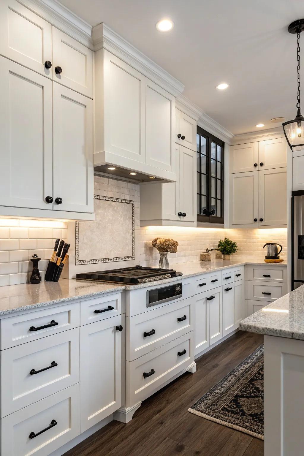 Black hardware brings a modern touch to a timeless kitchen design.