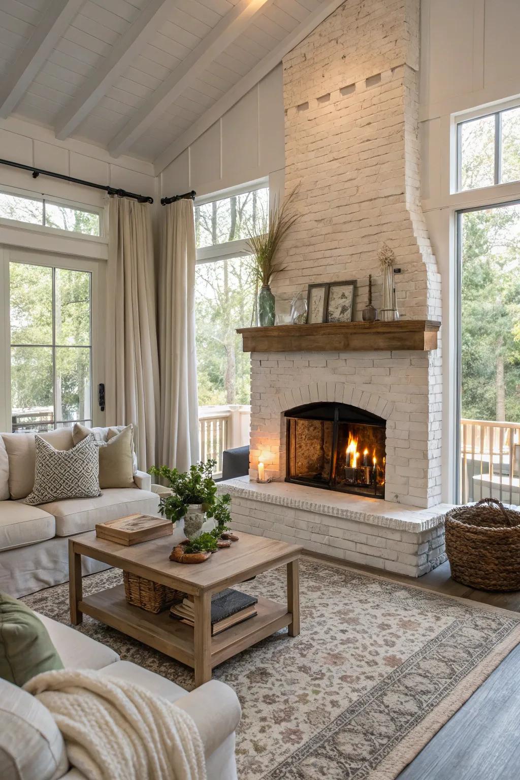 A tranquil living space with a whitewashed brick fireplace and neutral decor.