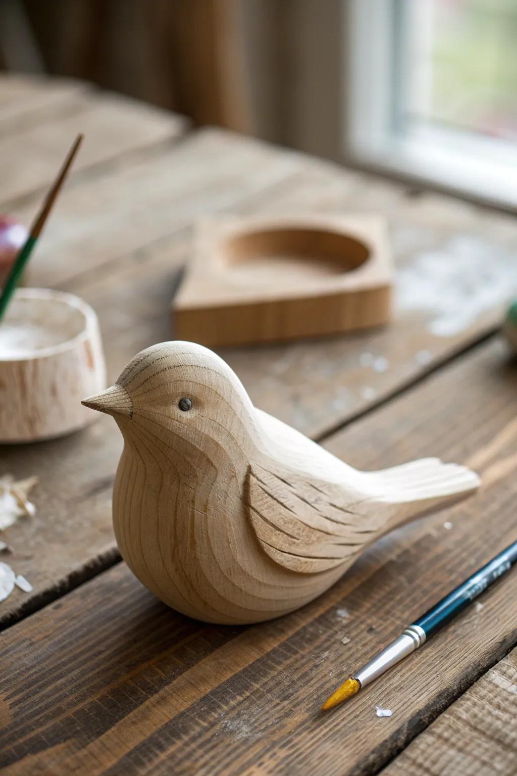 Capture the art of simplicity with this elegantly crafted wooden bird, perfect for beginner whittlers.