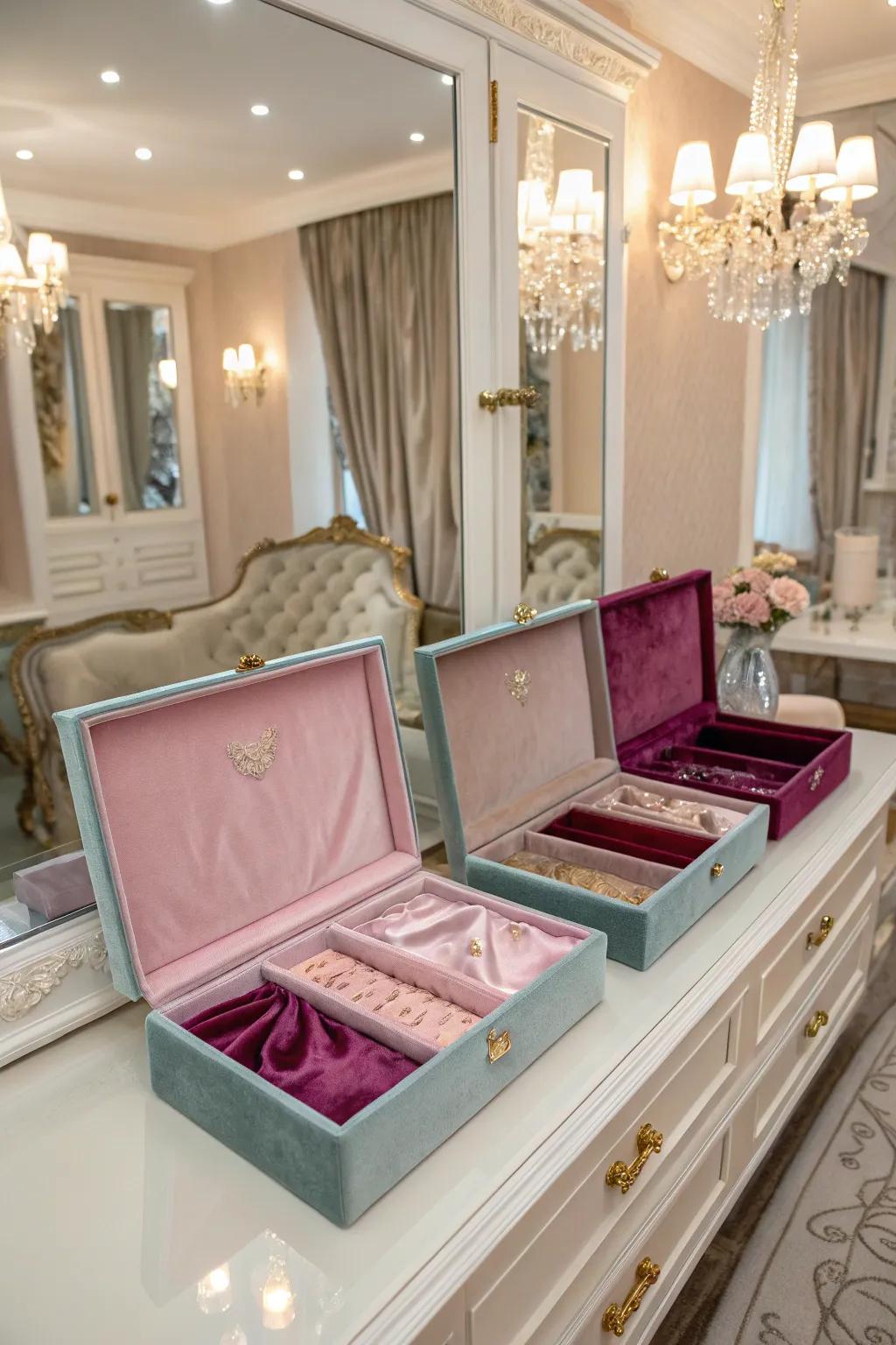 Luxury satin boxes with plush velvet linings.