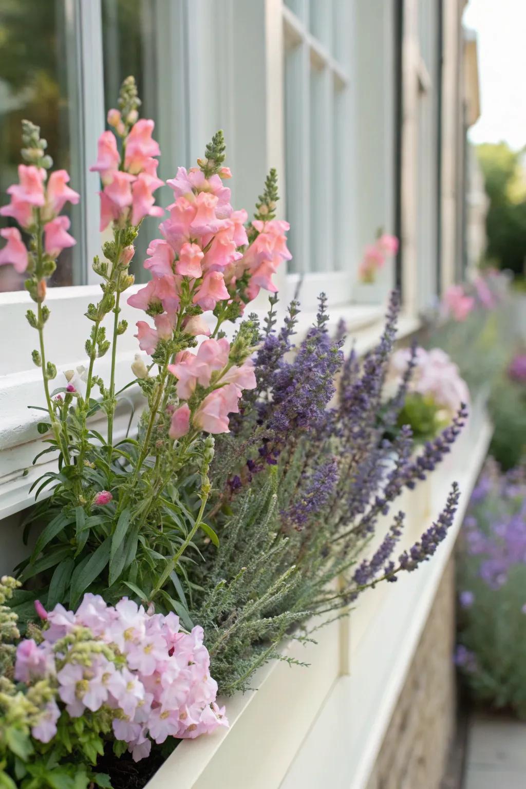 Pastel flowers in a window box offer a calming and elegant summer display.