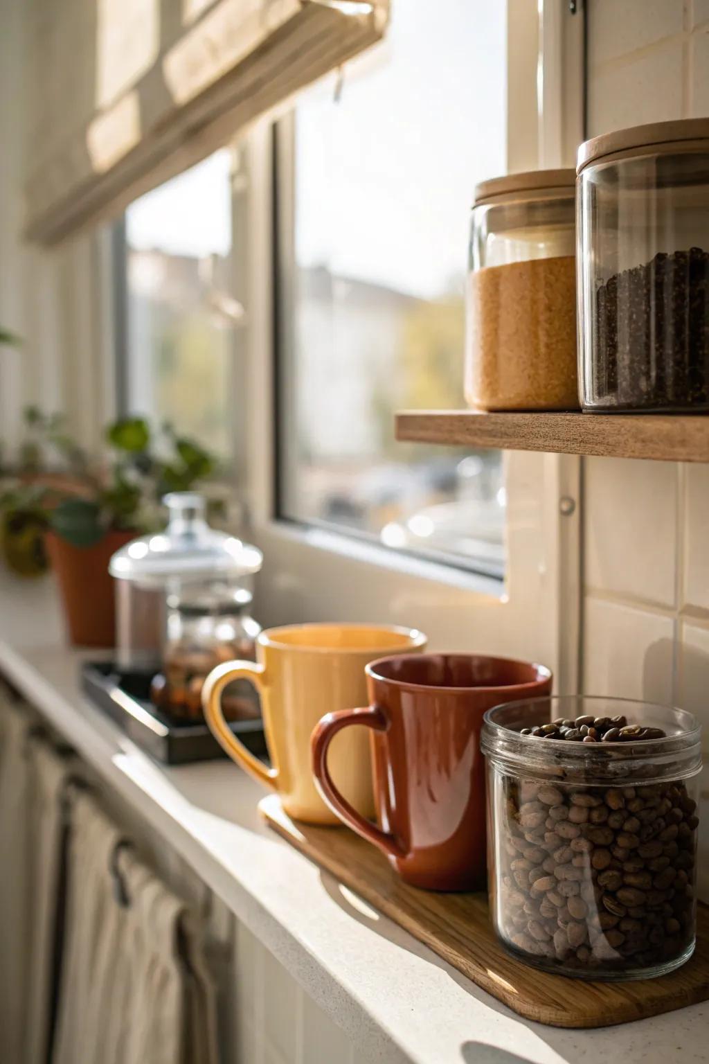 A mini coffee station adds charm to your kitchen window.