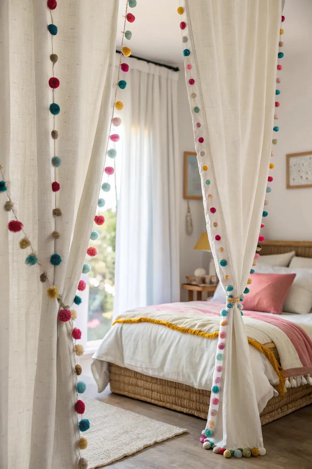 Whimsical pom-pom accents on bedroom drapes