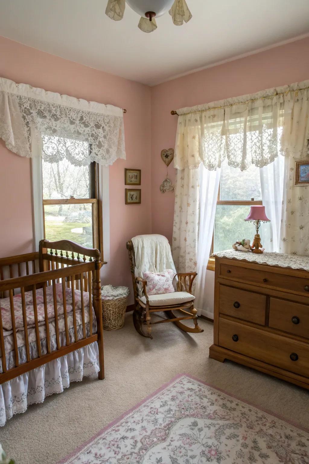 Romantic lace valance in a charming nursery.