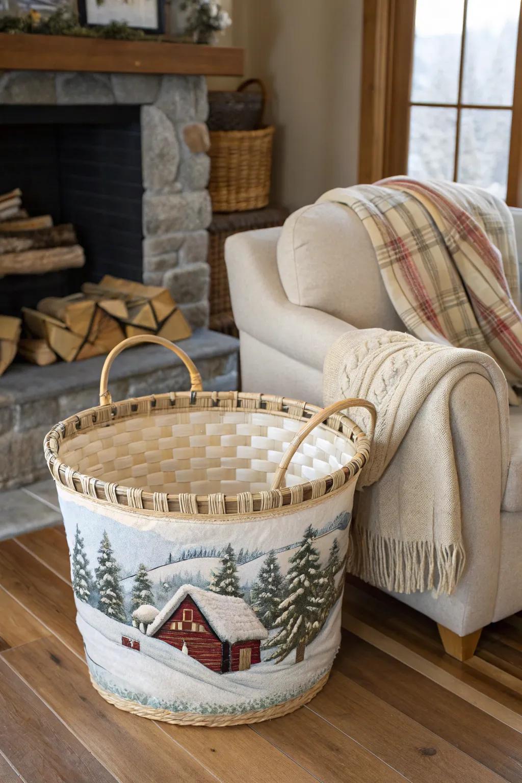 An embroidered basket adding texture and charm.