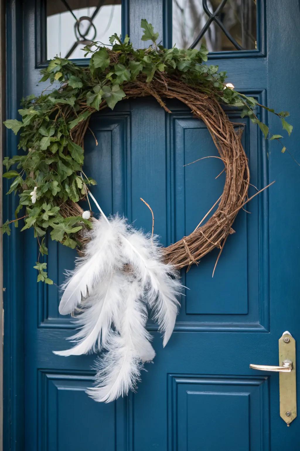 Feather accents add a whimsical touch to a winter grapevine wreath.