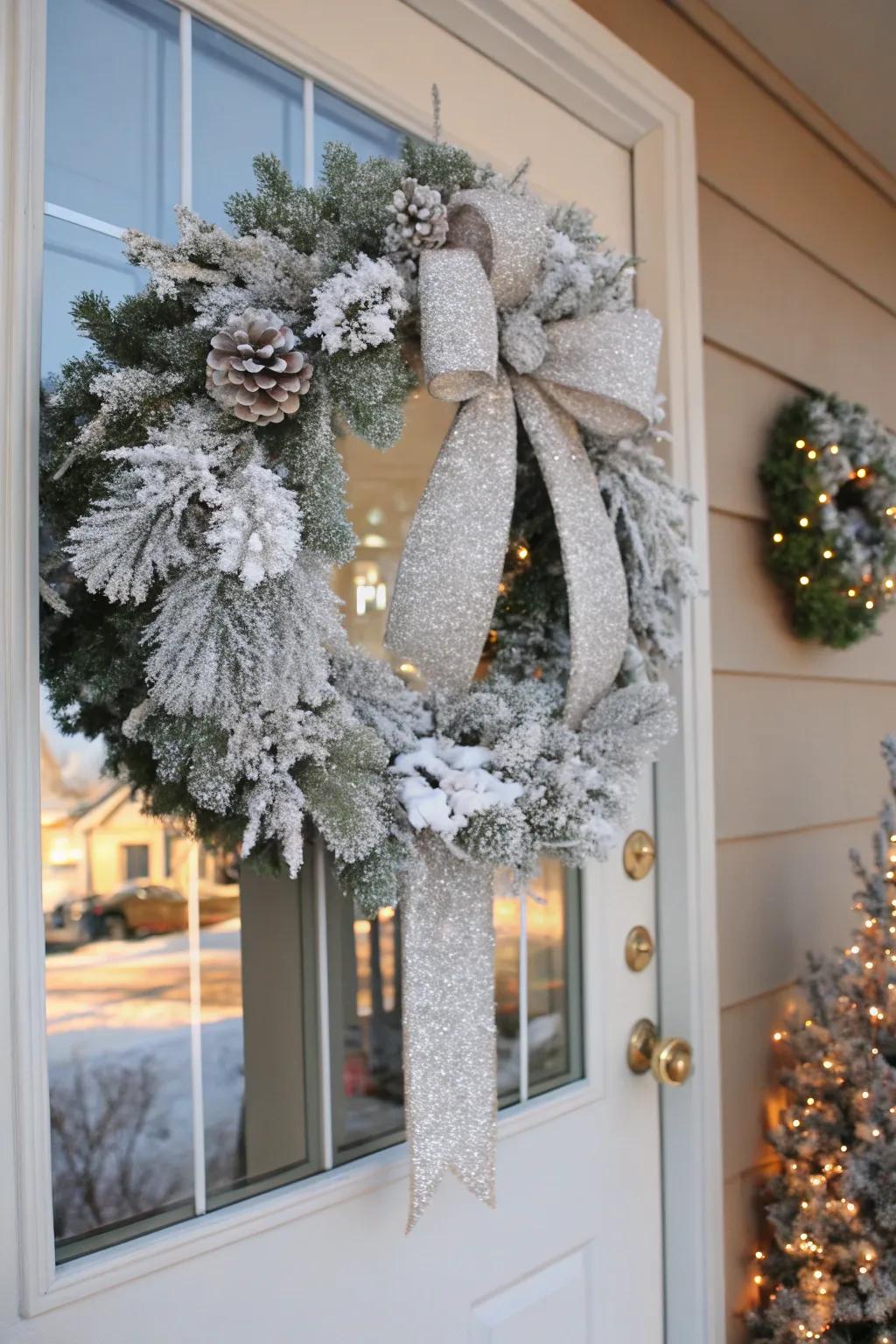 A frosted wreath welcomes guests with winter charm.