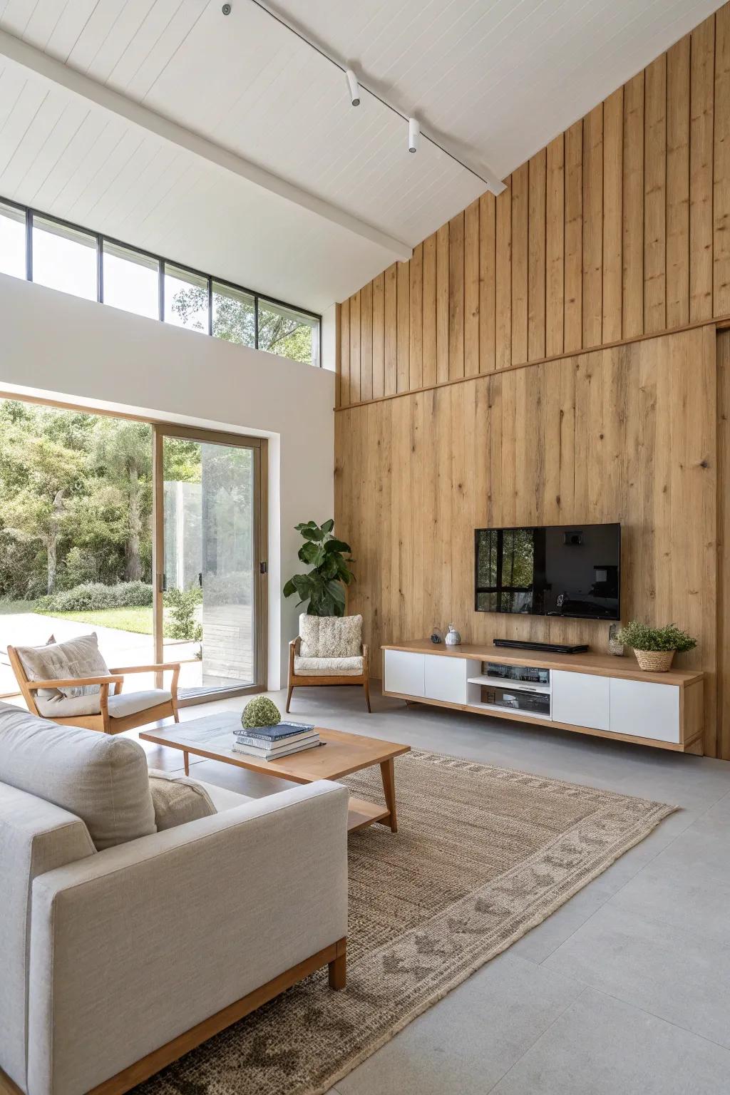 A minimalist living room with a simple wood accent wall.