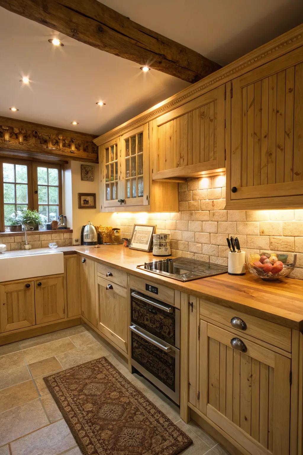 A cozy kitchen featuring a warm oak wood backsplash that invites comfort.