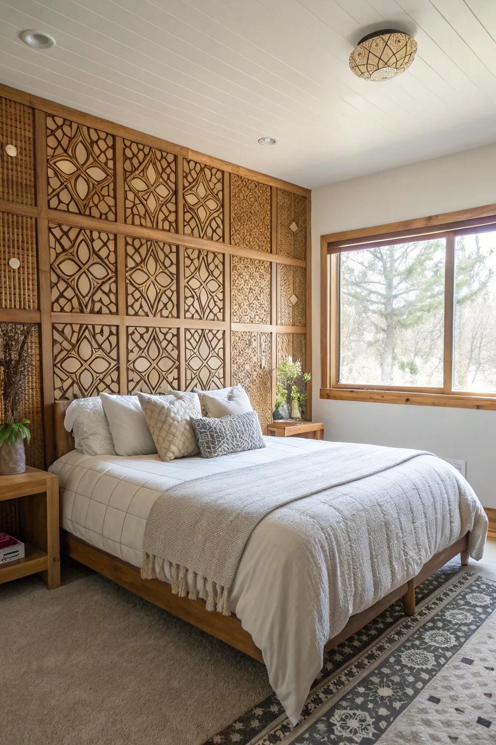 Bedroom showcasing a DIY fretwork wood panel wall.