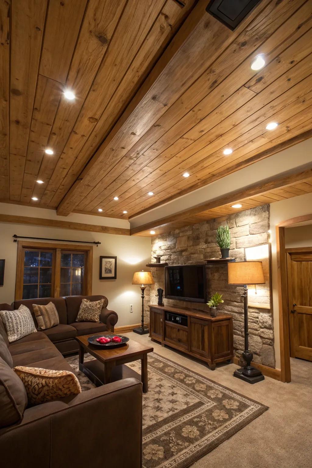 Recessed lighting enhances the natural beauty of wood planks.