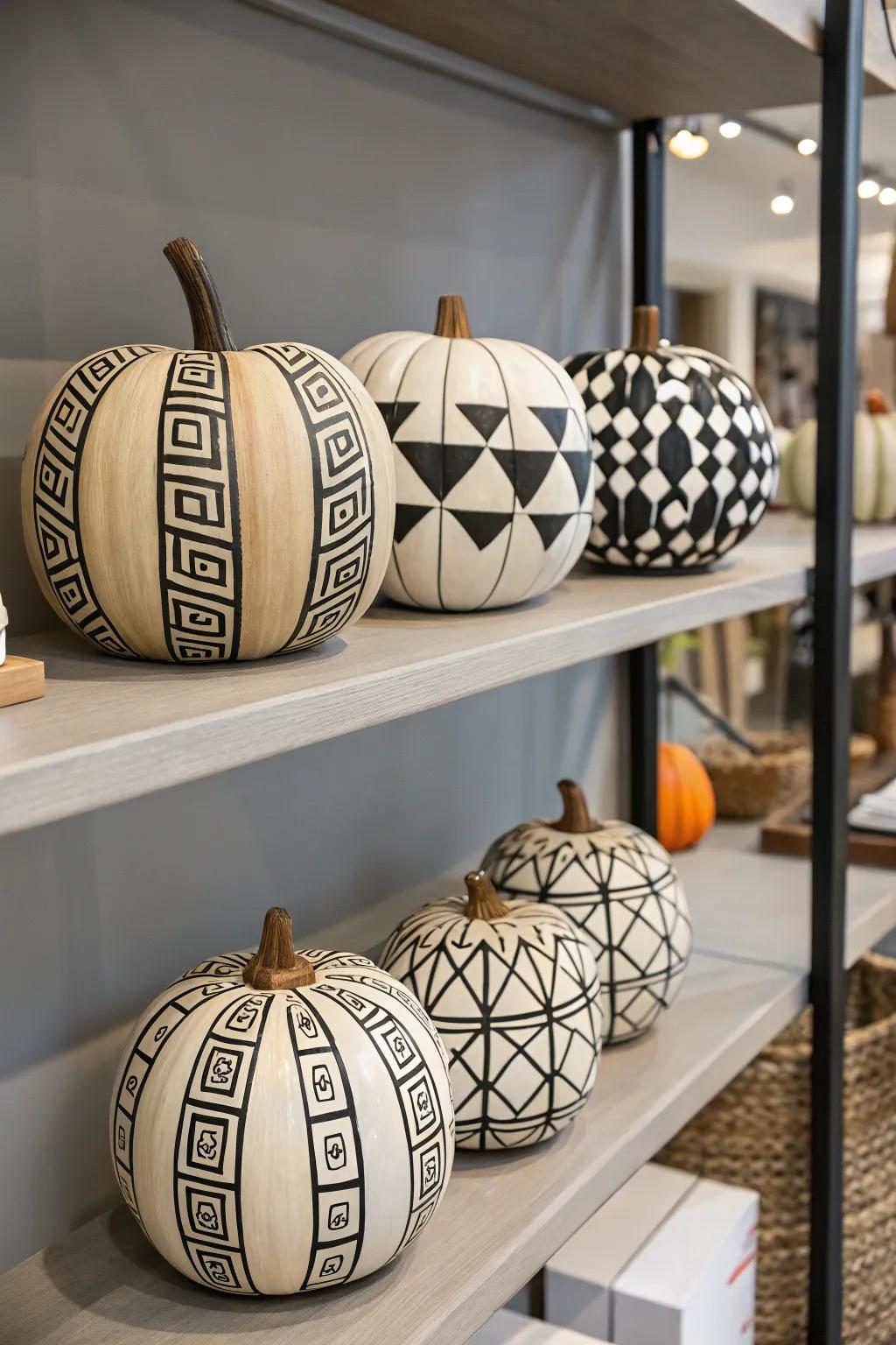 Contemporary geometric patterns on wooden pumpkins.