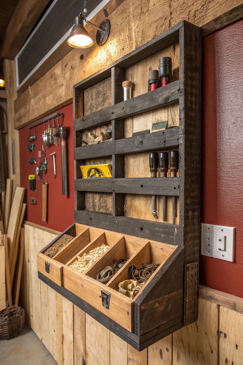 Transform your workshop with this rustic pallet wood organizer—an eco-friendly solution that combines function and style.