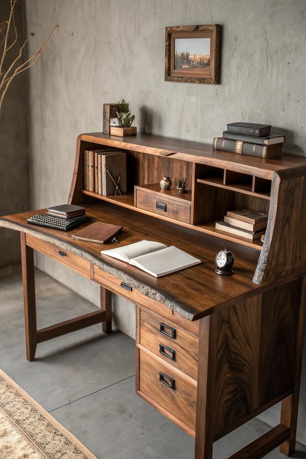 Elevate your workspace with a wood slab desk that combines functionality and style.