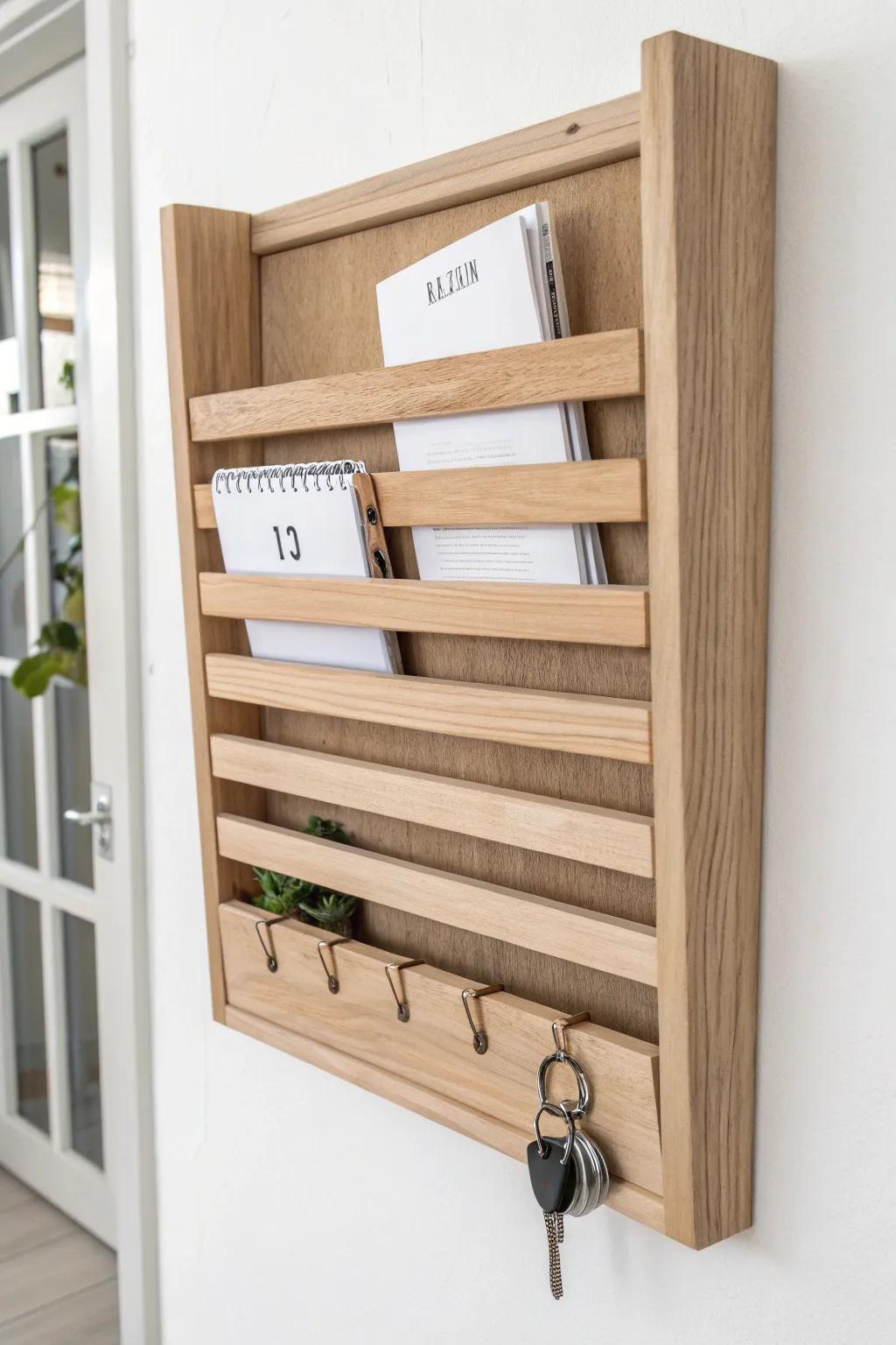 Elevate your entryway with this stunning wood slat organizer — perfect for keeping your essentials in style!