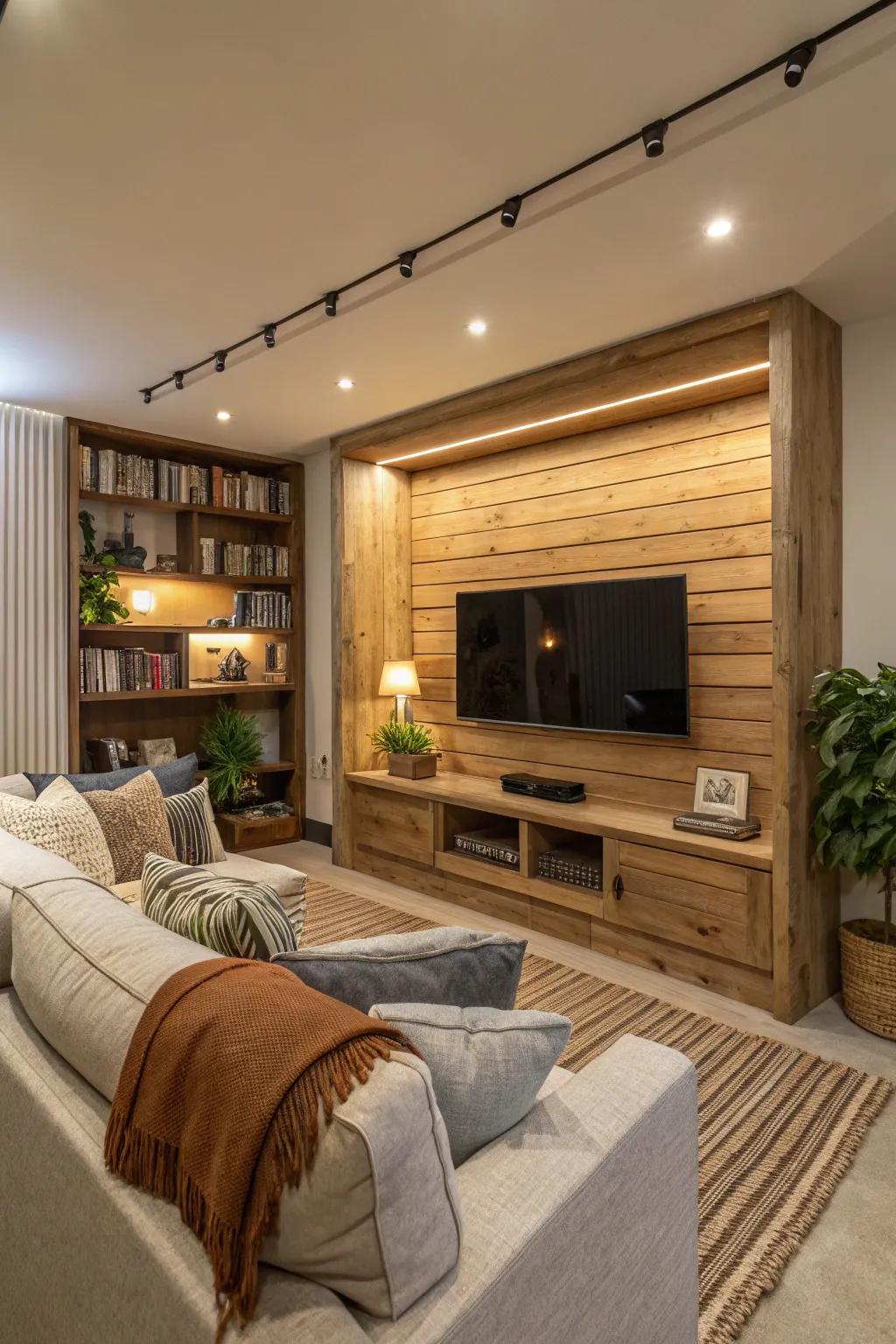 A wood slat niche creates a cozy and captivating TV corner.