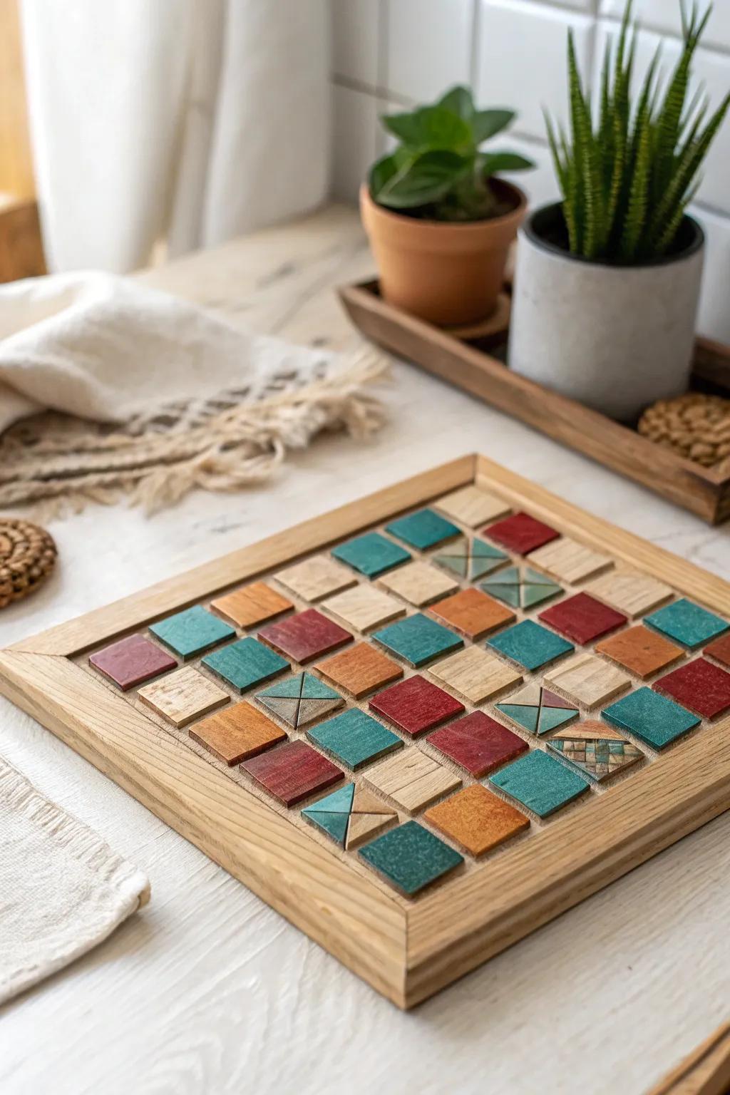 Add a touch of artistic flair to your space with a handcrafted wooden square mosaic.