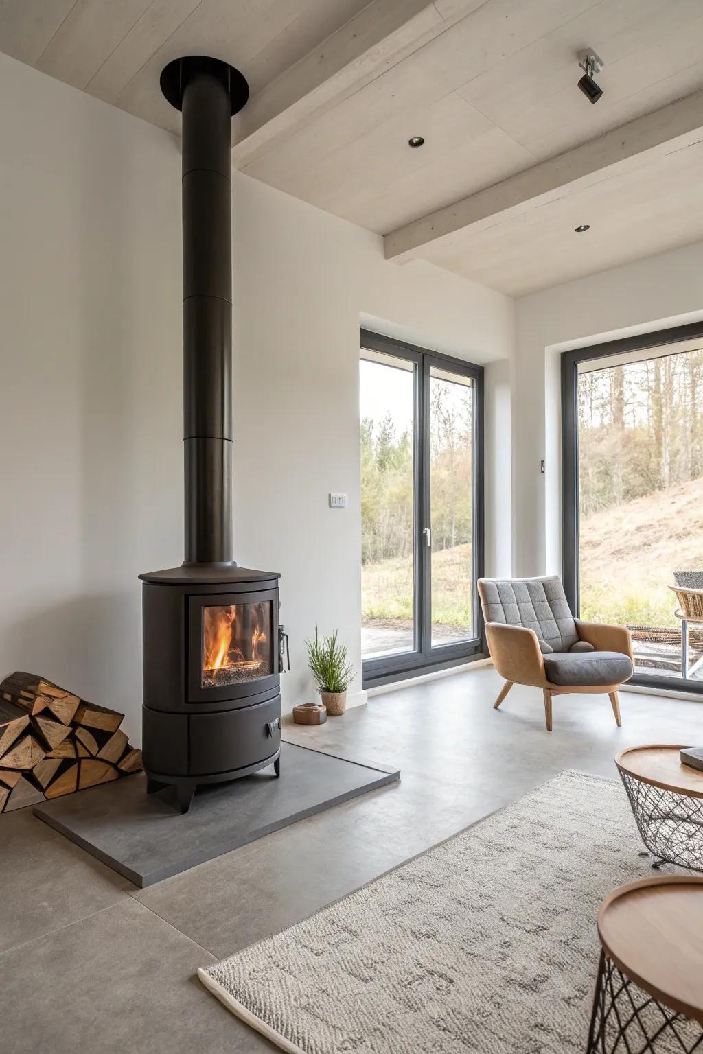 A minimalist wood stove complements the clean lines of this contemporary living room.