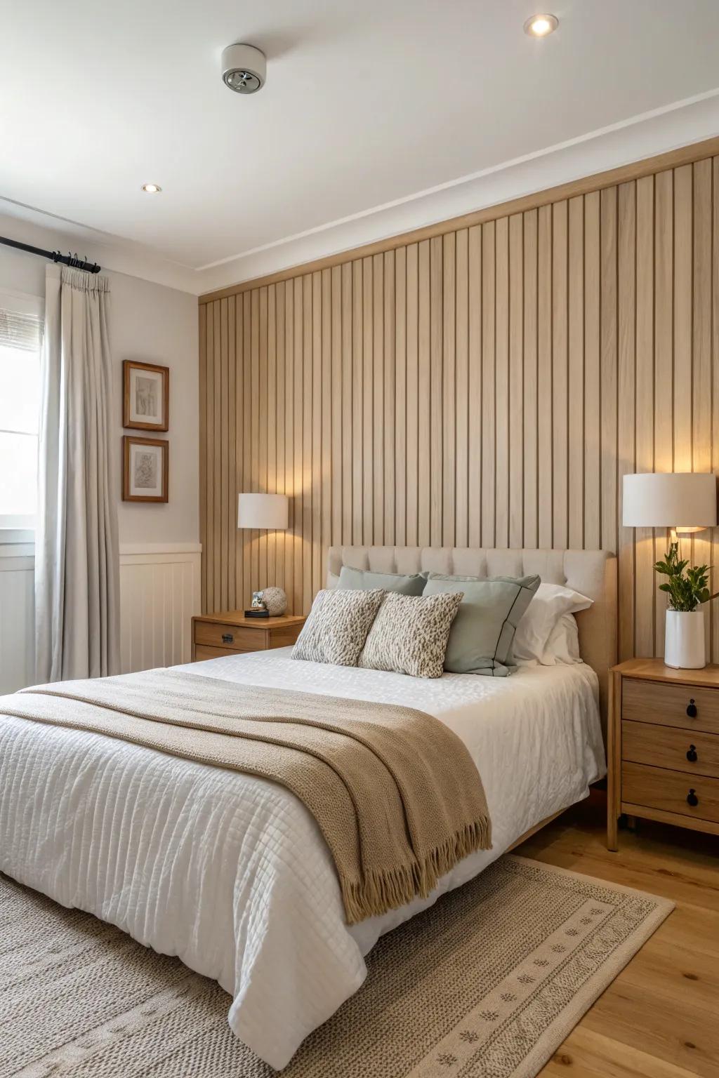 Serene bedroom with a sleek fluted wood trim feature.