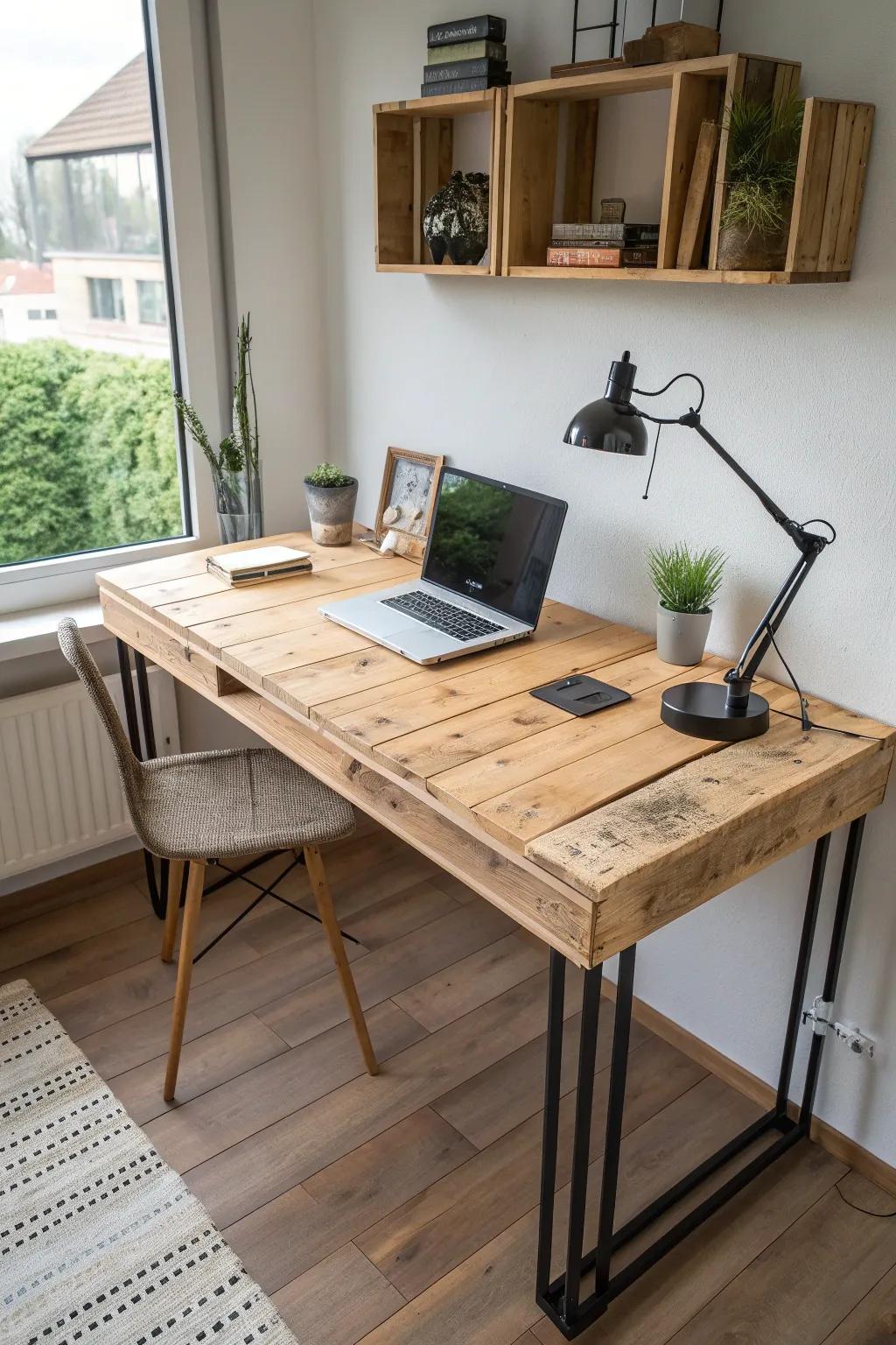 Elevate your home office with this stylish DIY pallet desk – where rustic charm meets modern functionality.