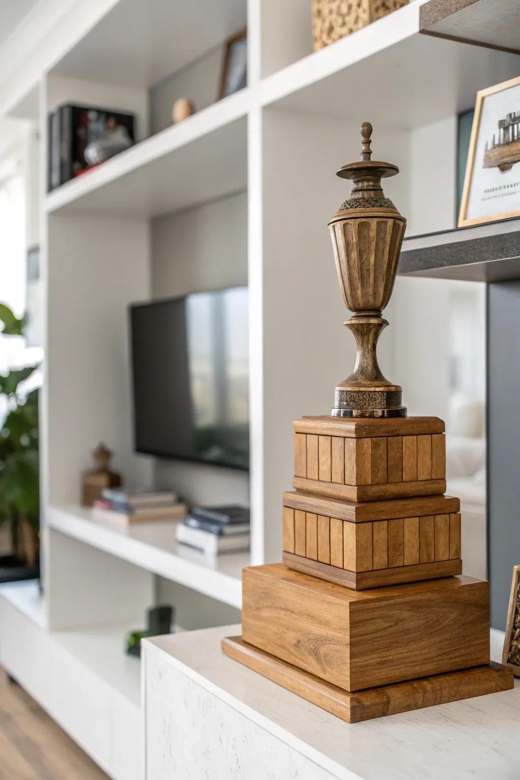 Stacked wooden trophies offer a modern and dynamic design.