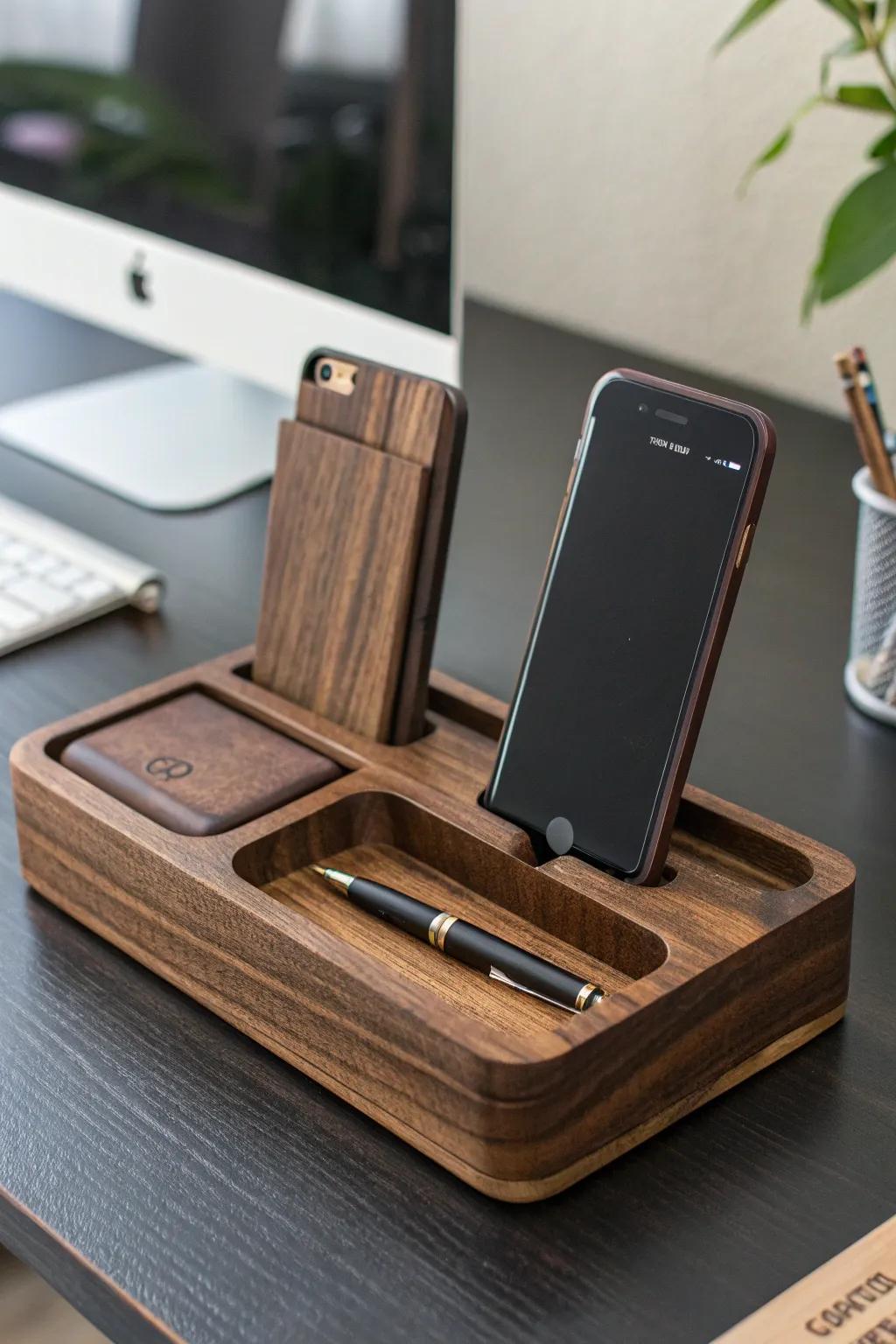 Elevate his workspace with this sleek wooden phone dock, where functionality meets timeless design.
