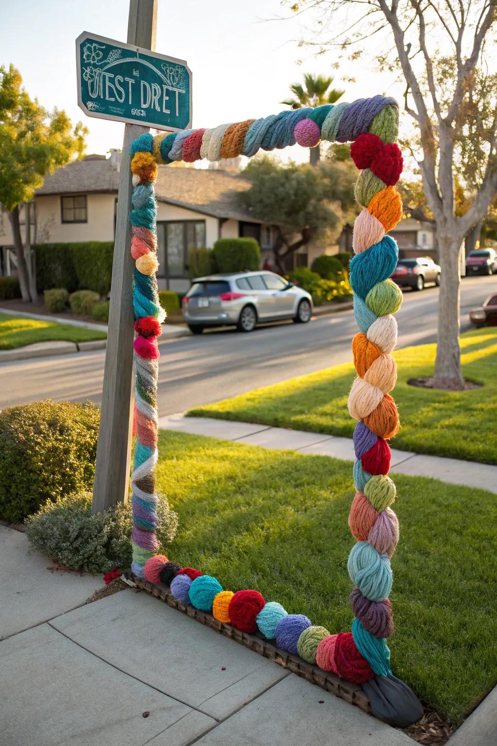 A yarn-framed street sign adds a welcoming touch.