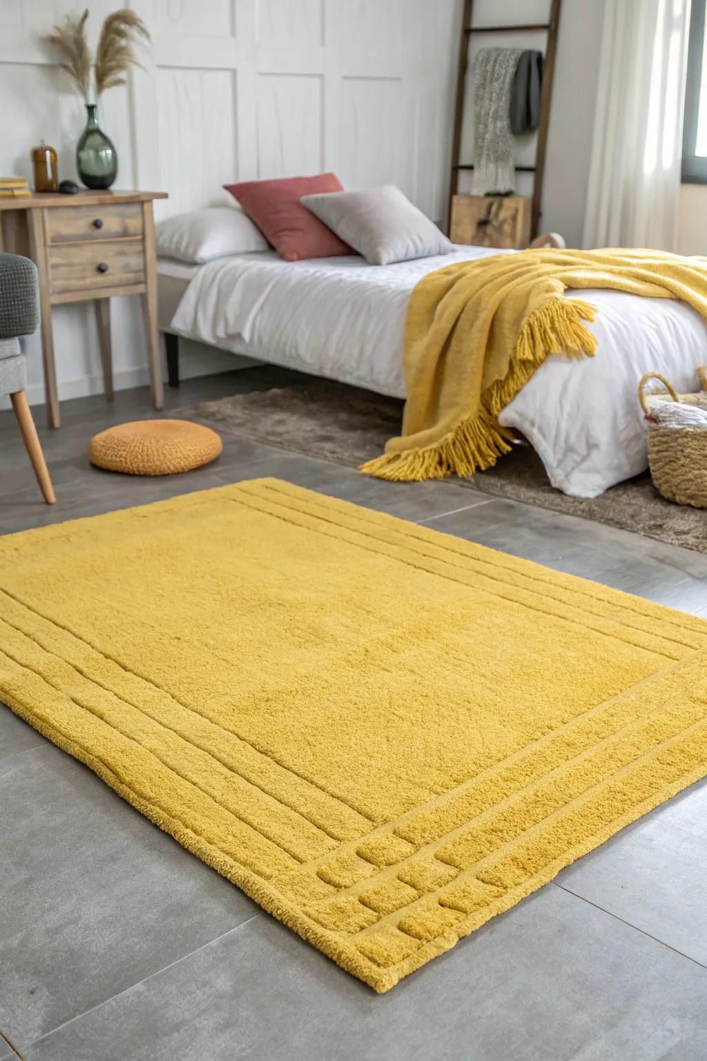 A yellow rug provides warmth and definition to a grey-floored space.