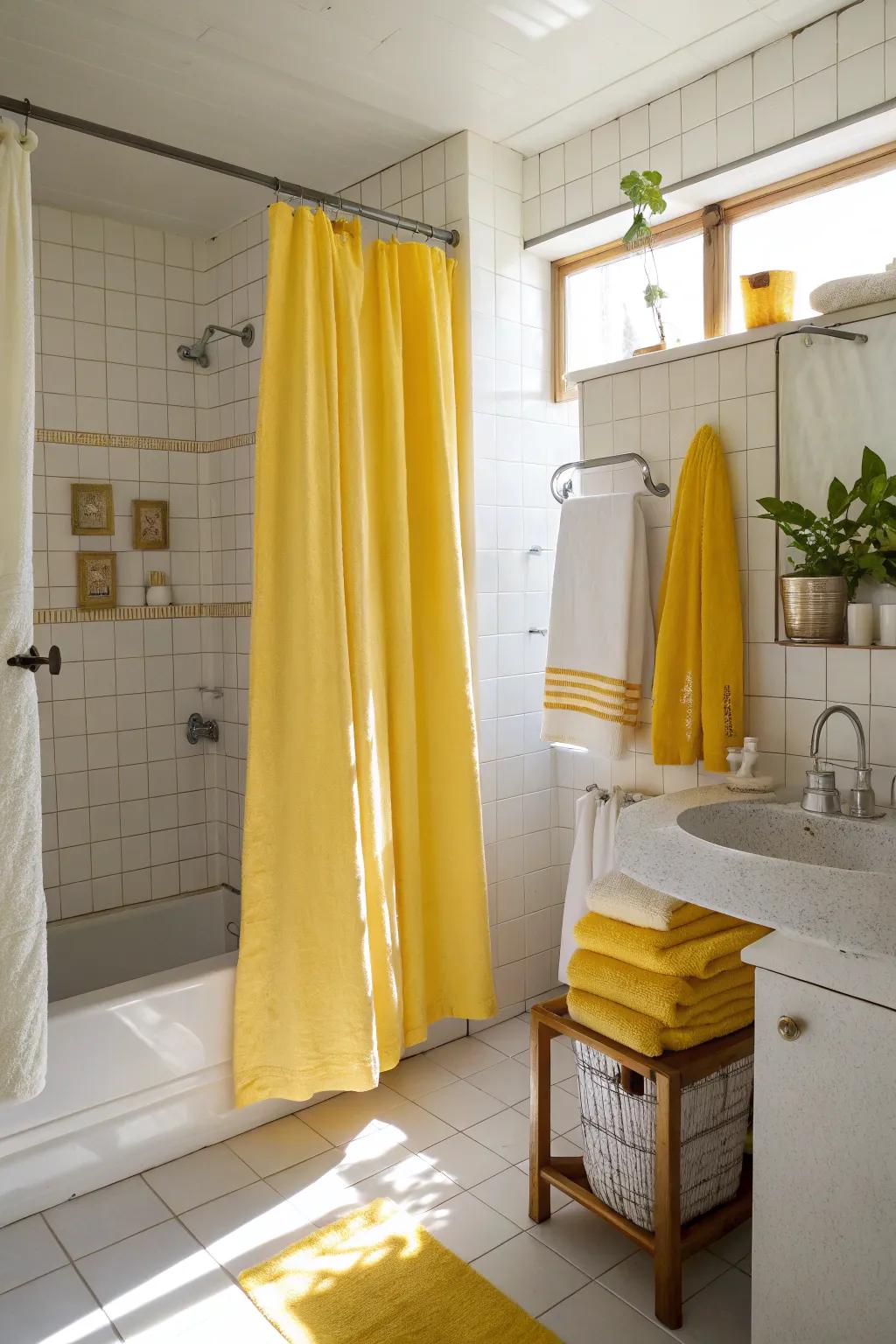 Bright yellow accents bring a hint of sunshine to this bathroom.