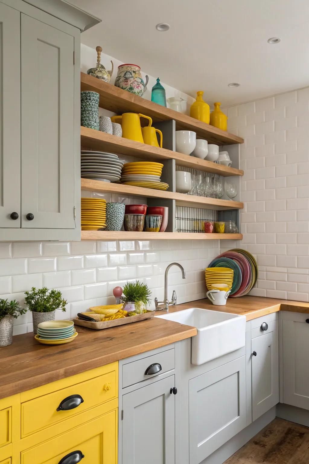 Open shelving in yellow and grey offers both practicality and personal flair.