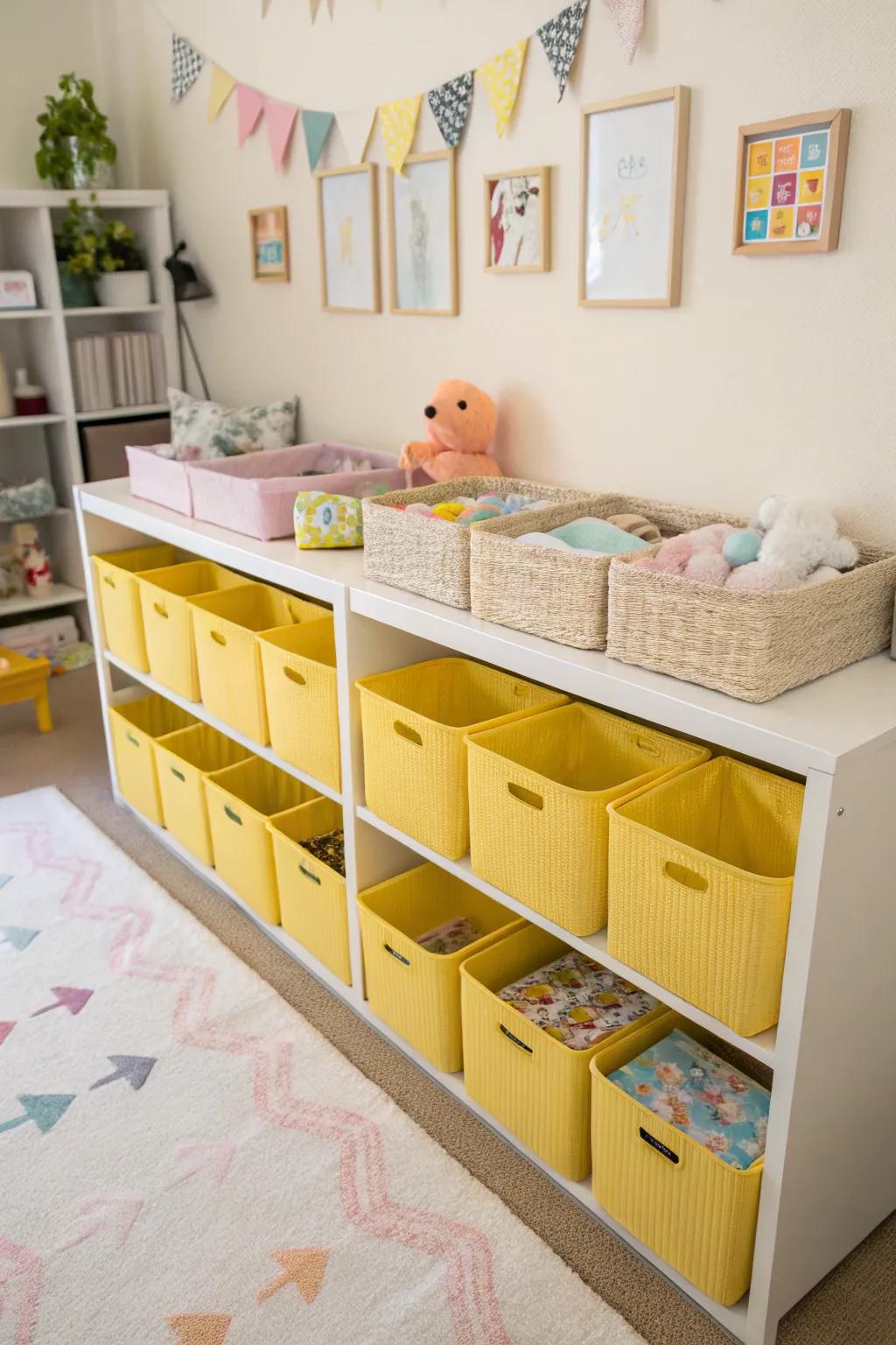 Yellow storage solutions keep the nursery organized and chic.