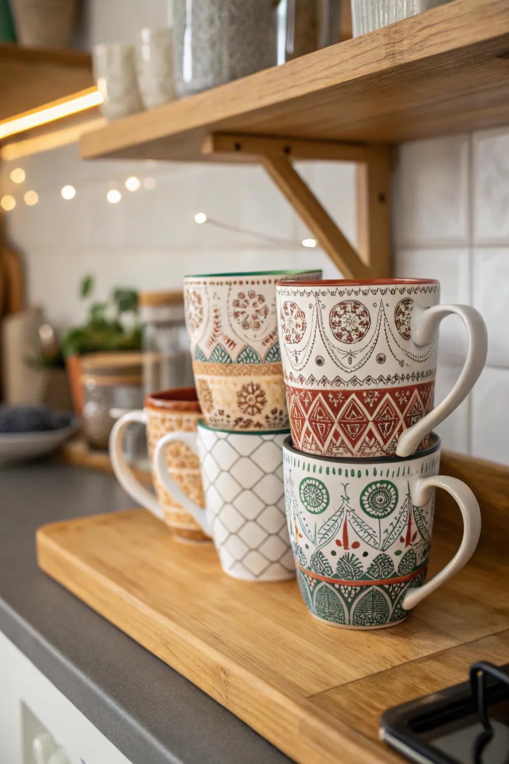 Hand-painted mugs add a personal touch to any kitchen.