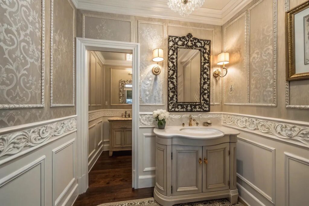 Powder Room With Wainscoting And Wallpaper